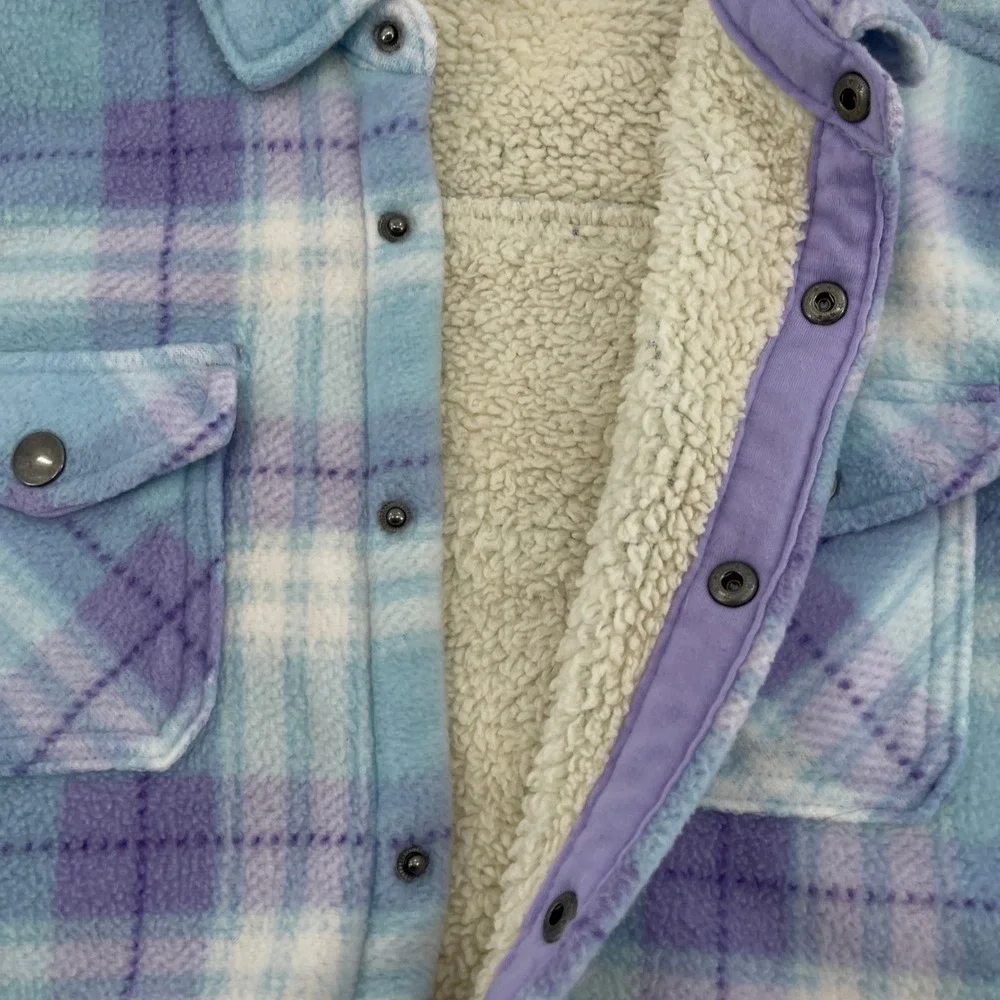 Eddie Bauer Kids Plaid Fleece Sherpa‎ Lined Shirt Jacket Size 10 12 Blue Purple